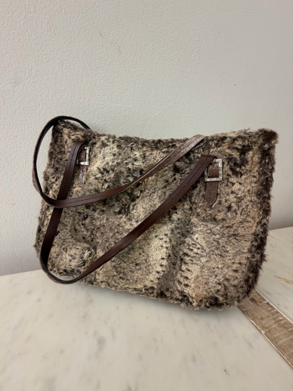 BCBGMaxAzria Faux Fur Shoulder Bag in Brown and Cream
